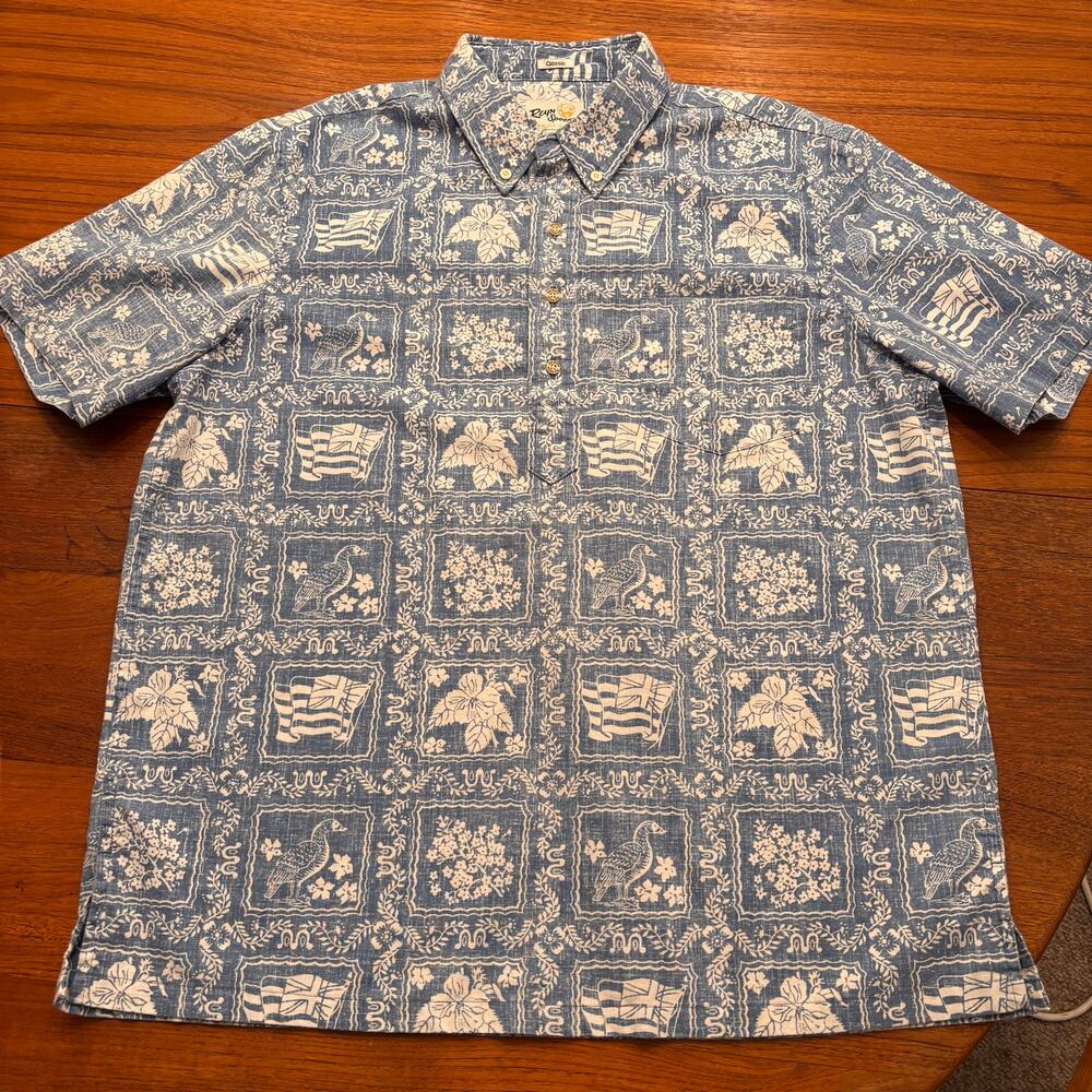 Reyn Spooner Men's Blue White LAHAINA SAILOR Short SLEEVE SHIRT Size Large